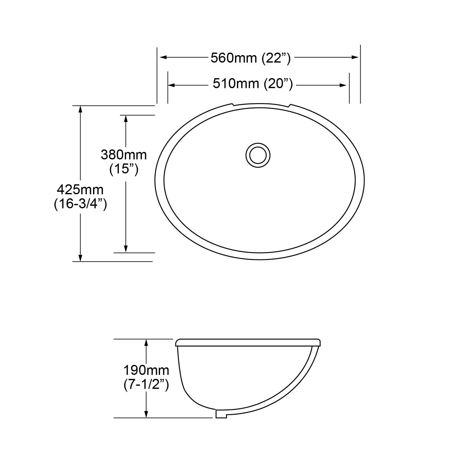 specification of MU-2022C, 22-inch white oval undermount bathroom sink with overflow
